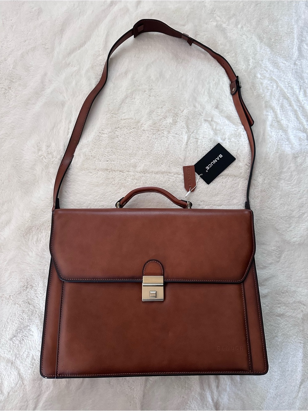 Tan Leather Laptop Briefcase with Shoulder Strap